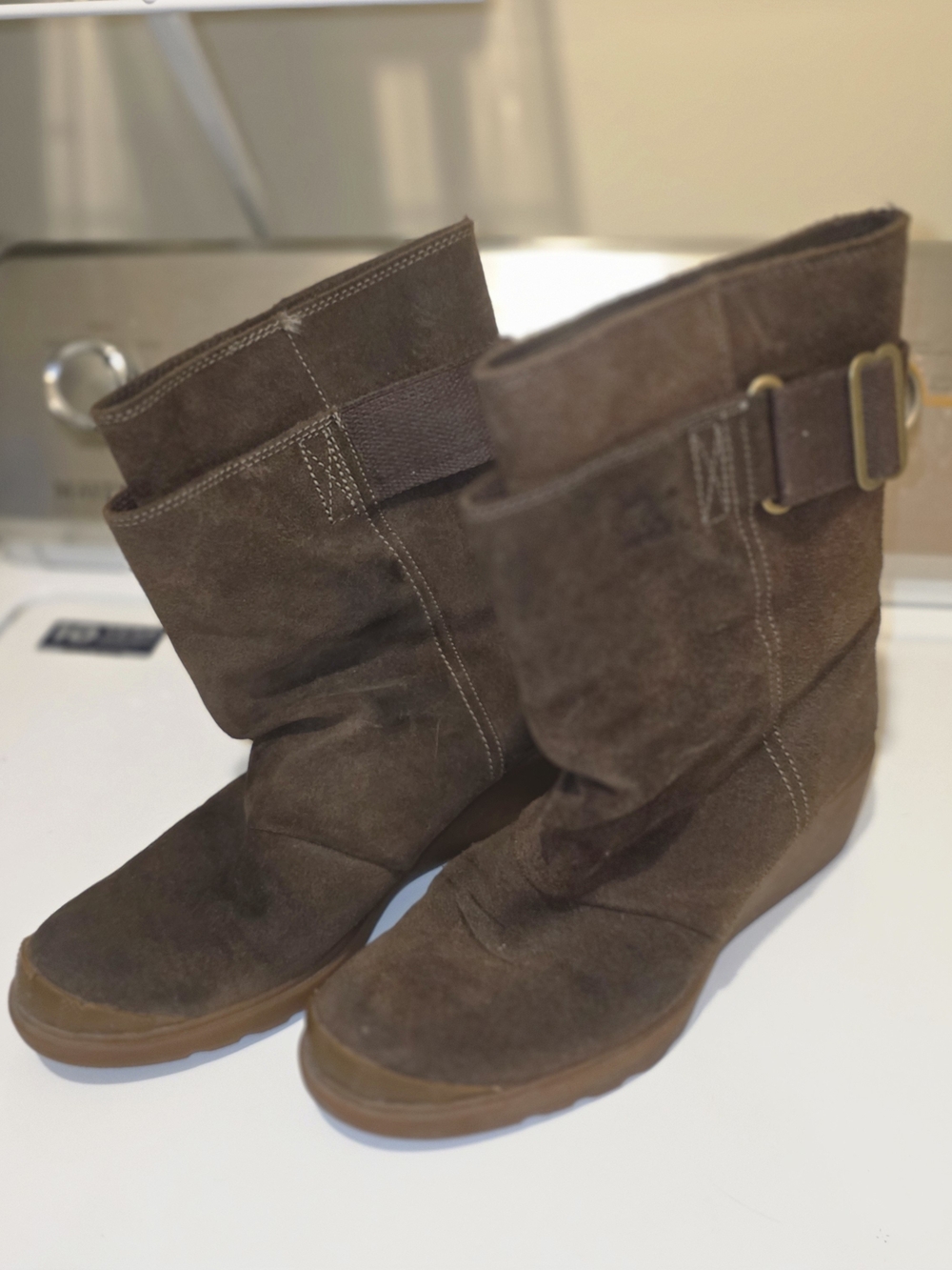 Sorel Brown Suede Hidden-Wedge Mid-Calf Boots with Buckle